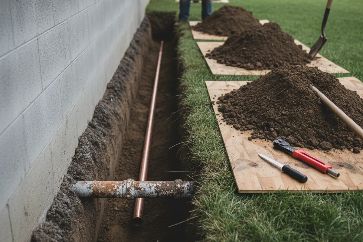 Excavated water line trench during Water Softener Installation in Milmine